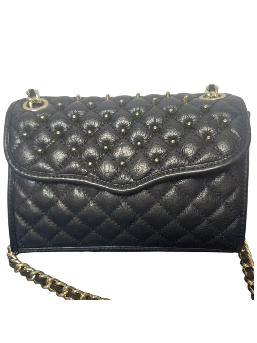 Rebecca Minkoff Quilted Black Leather Crossbody Bag With Gold Chain Strap & Blue